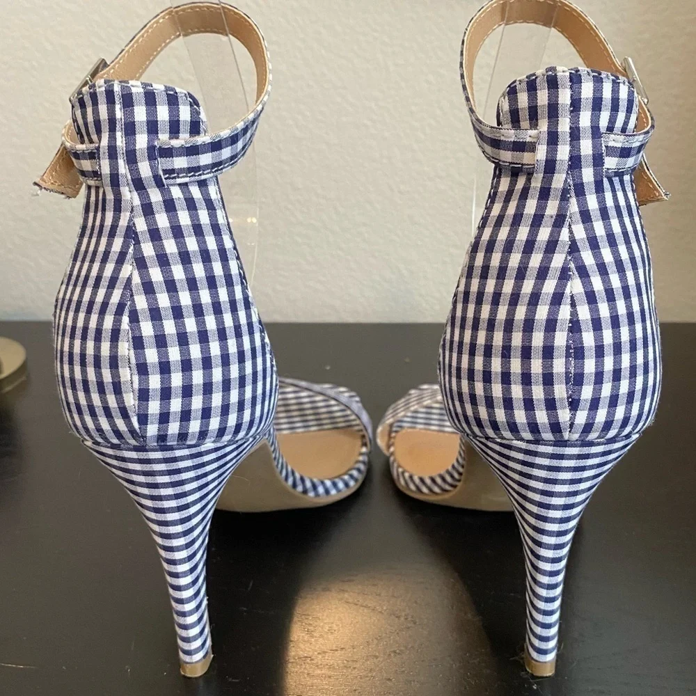 Material Girl Gingham Checkered Plaid Heels Size 9 Navy Blue White Coquette